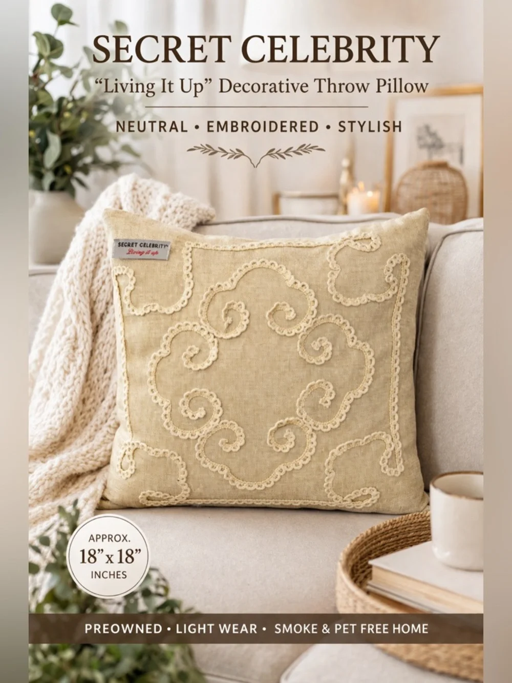 Secret Celebrity Living It Up Beige Decorative Throw Pillow Embroidered Accent